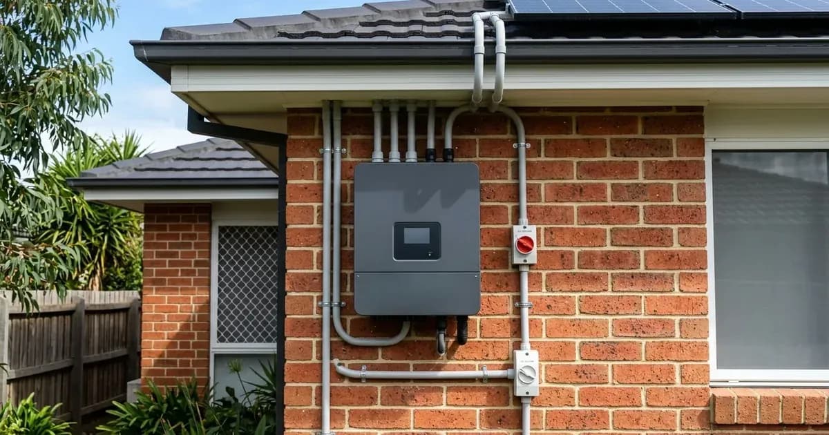 Rooftop solar string inverter and electrical isolator switches mounted on Australian brick house exterior. — SolarNevs spec card