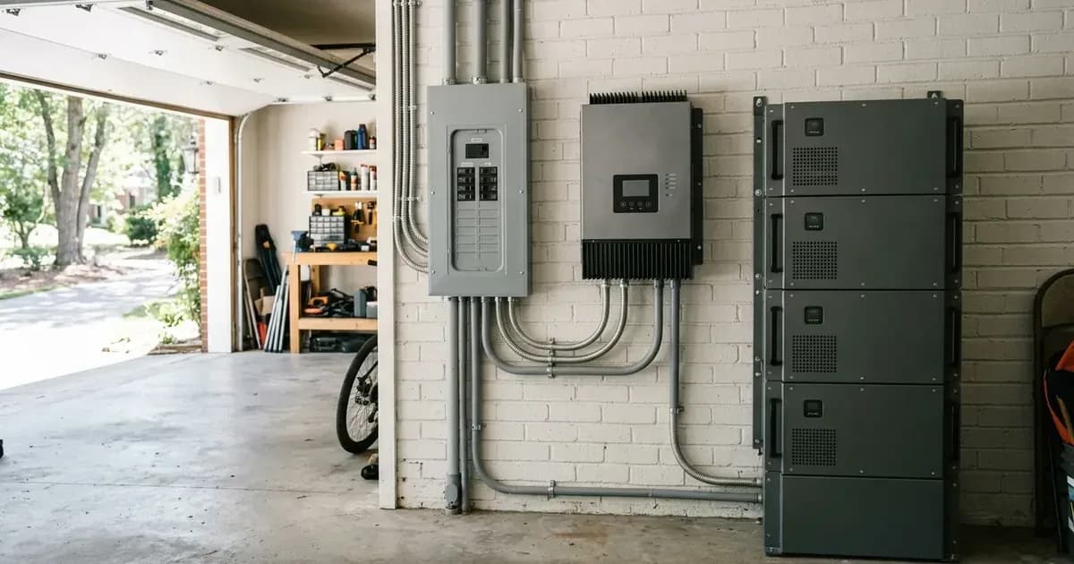 Modular lithium home battery tower and hybrid solar inverter installed on garage brick wall. — SolarNevs spec card