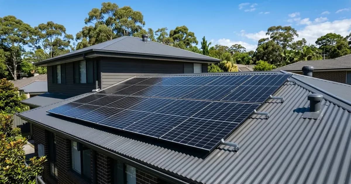 Half-cut monocrystalline solar panels installed on pitched corrugated metal roof in Australia. — SolarNevs spec card