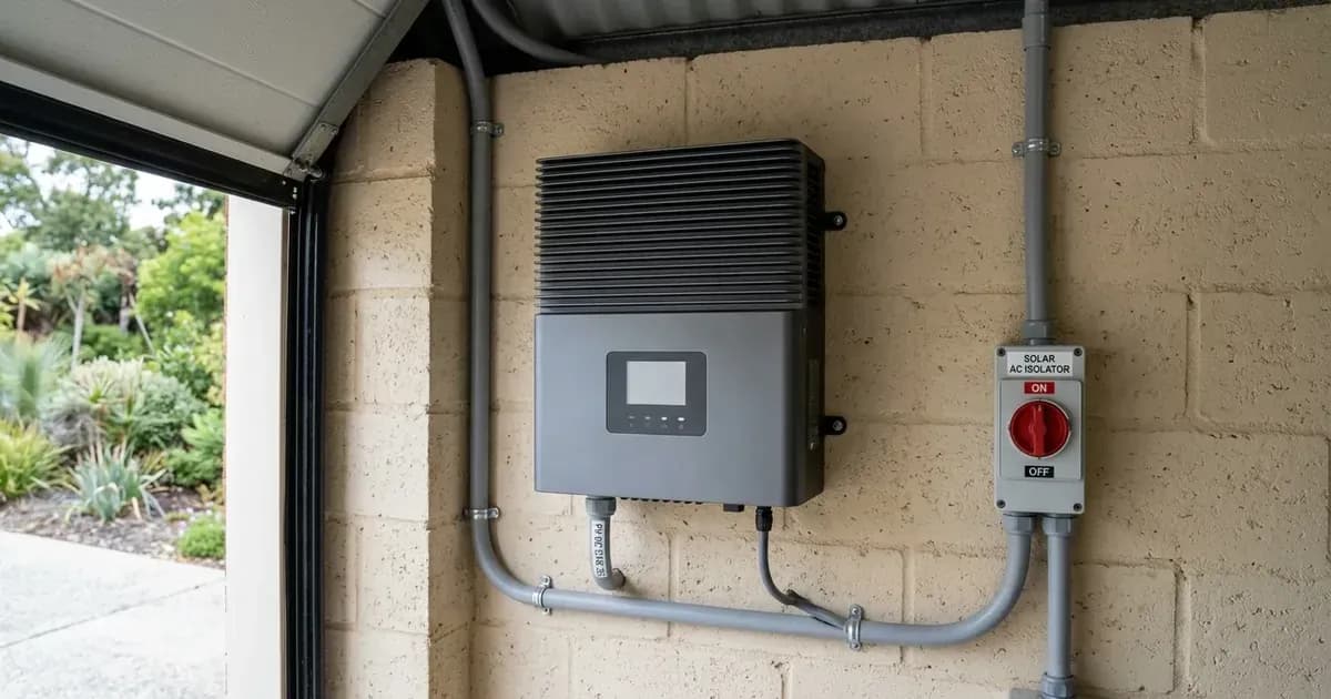Wall-mounted solar inverter with heat sink fins and AC isolator switch in Australian garage. — SolarNevs spec card