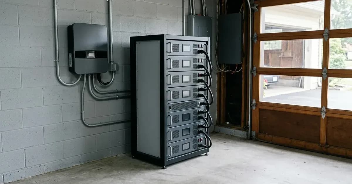 Floor-standing modular high-voltage lithium battery stack and solar inverter in residential garage. — SolarNevs spec card