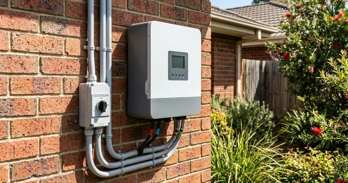 Compact string solar inverter and AC isolator switch mounted on Australian brick house exterior. — SolarNevs spec card