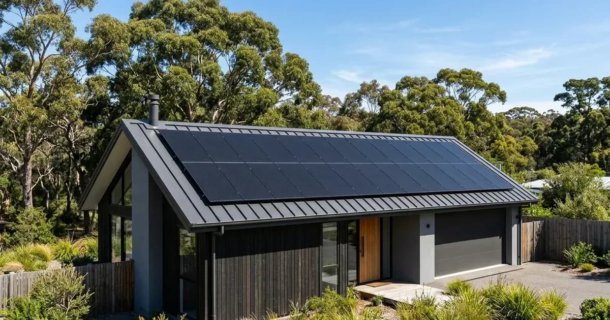All-black shingled solar panels mounted on pitched metal roof of contemporary Australian home. — SolarNevs spec card