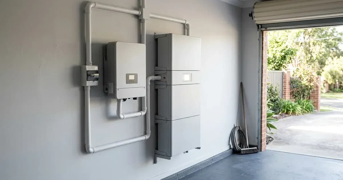 Modular home battery storage system and hybrid inverter installed on an Australian garage wall. — SolarNevs spec card