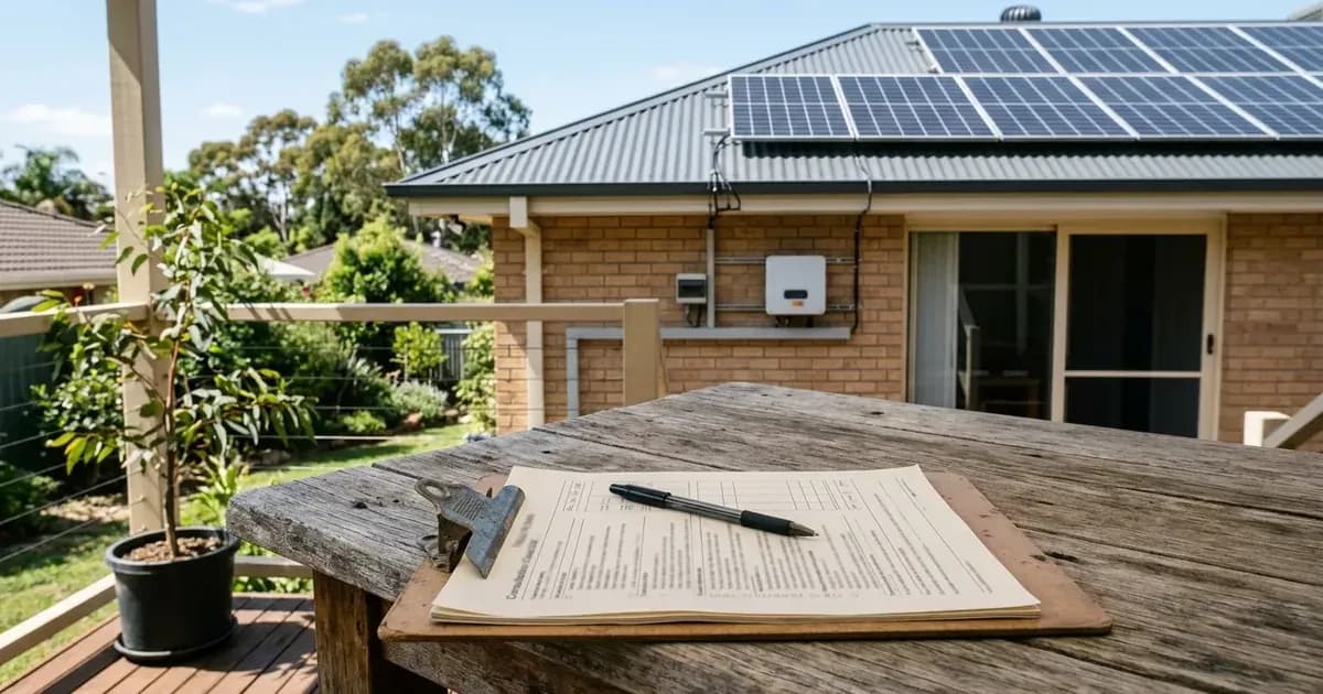 Checklist clipboard on timber table overlooking an Australian home rooftop solar installation. — SolarNevs spec card