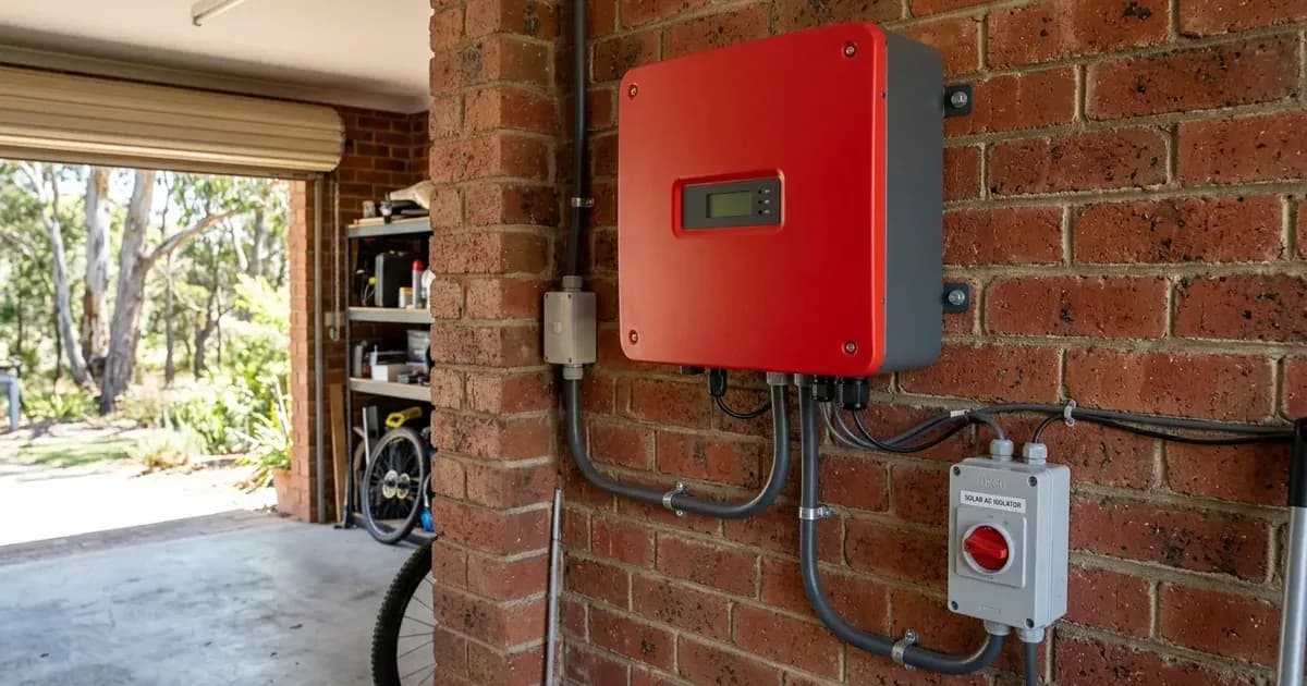 Unbranded solar string inverter and AC isolator switch mounted on a brick garage wall in Australia. — SolarNevs spec card