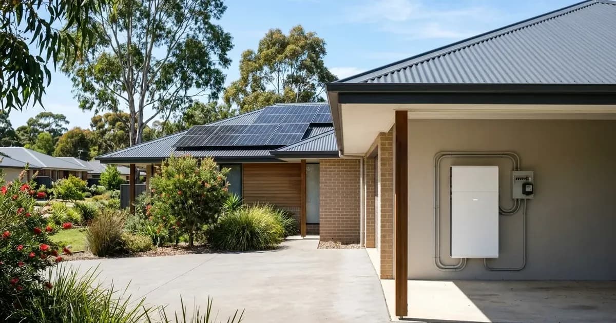 Unbranded residential solar battery system installed under a carport on an Australian home. — SolarNevs spec card