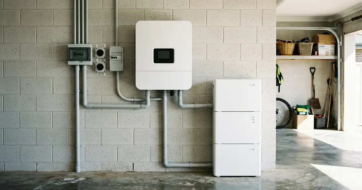 Unbranded hybrid solar inverter and modular battery tower installed in an Australian garage. — SolarNevs spec card