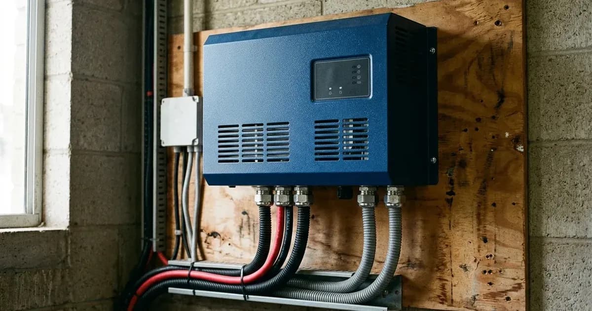 Unbranded blue inverter-charger mounted on a backboard during diagnostic testing. — SolarNevs spec card