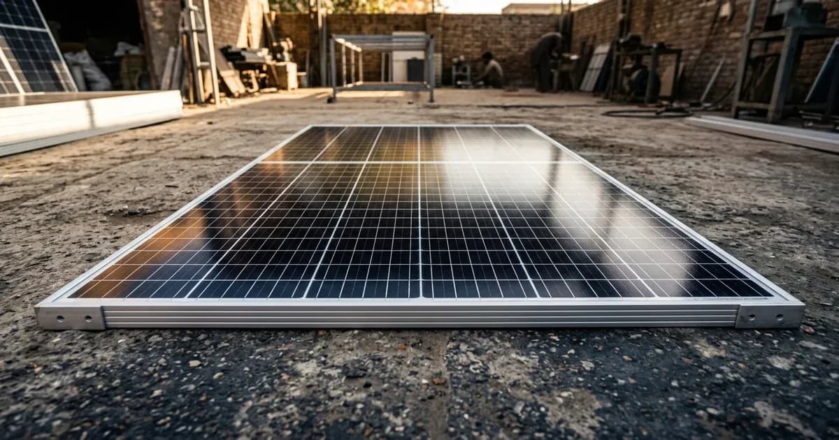 A large 540W solar panel module showing grid pattern and silver border under sunlight — SolarNevs spec card