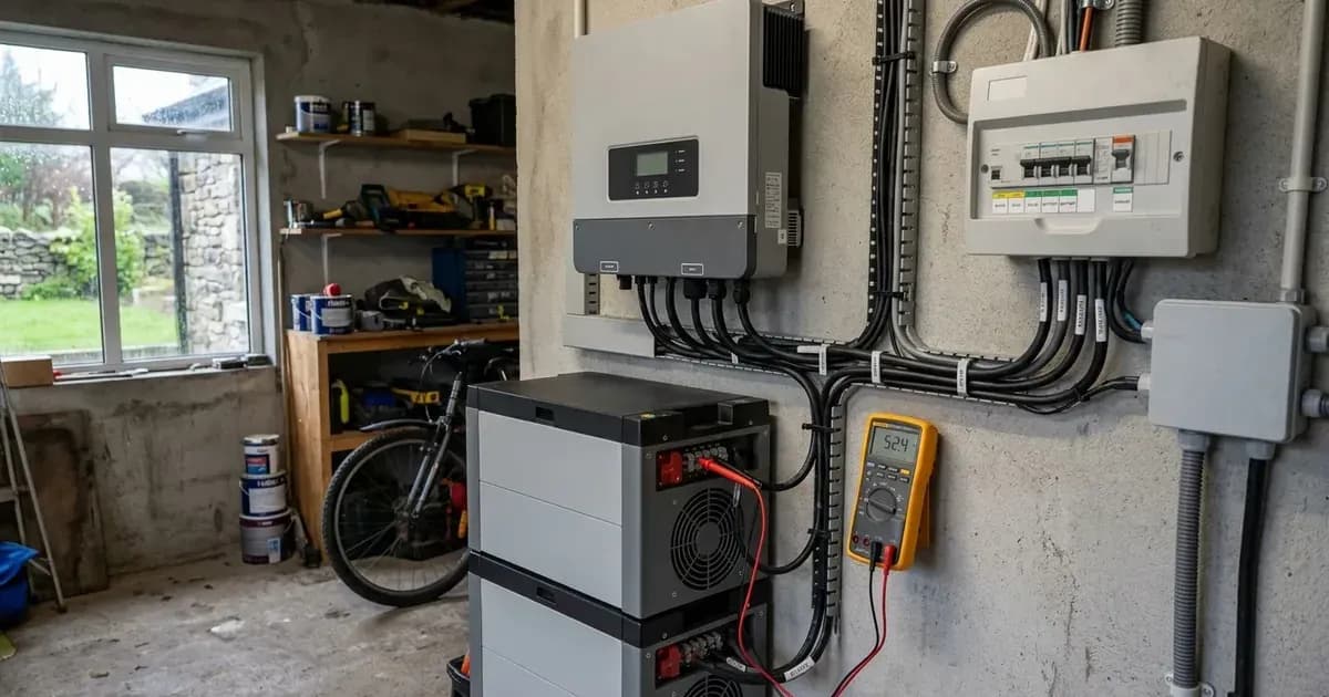 Wall-mounted solar inverter, lithium battery units, and circuit breakers being tested in an Irish garage. — SolarNevs spec card