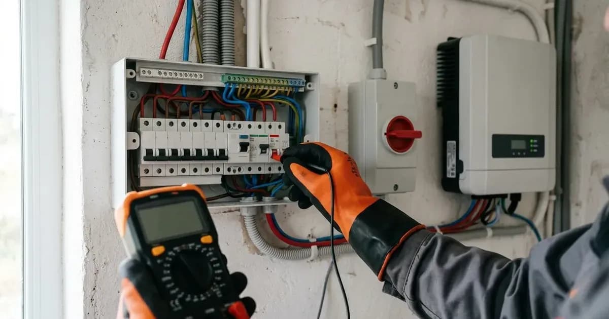 Electrician using multimeter probe on a tripped AC circuit breaker beside a solar inverter. — SolarNevs spec card
