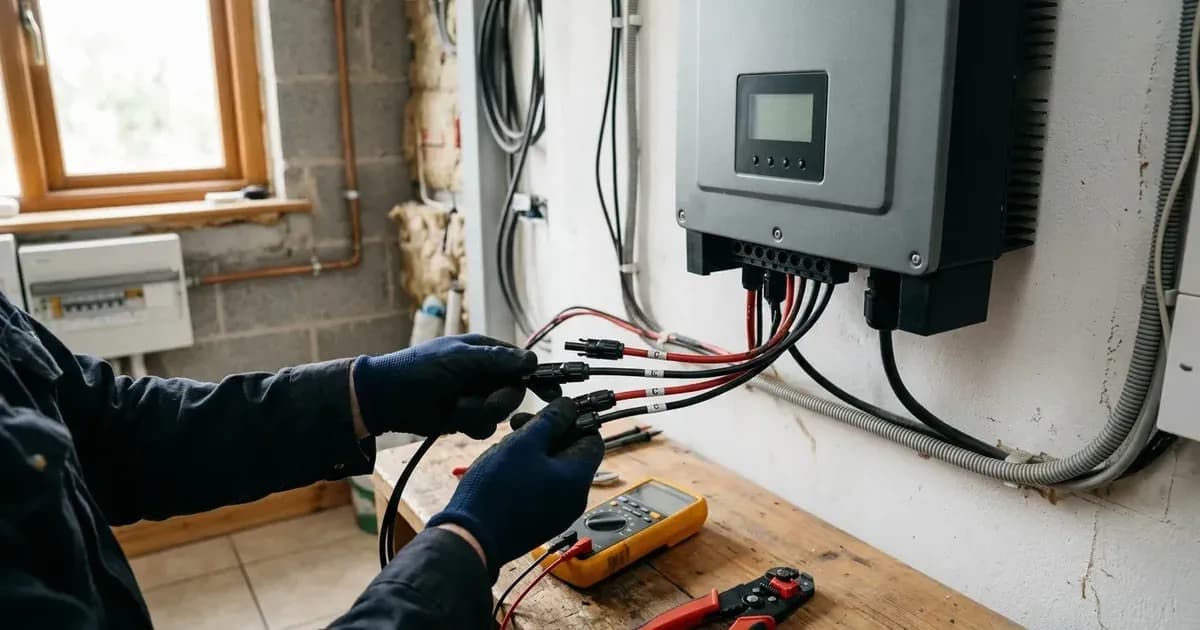 Inspecting solar DC wiring and MC4 connectors below an unbranded wall-mounted inverter. — SolarNevs spec card