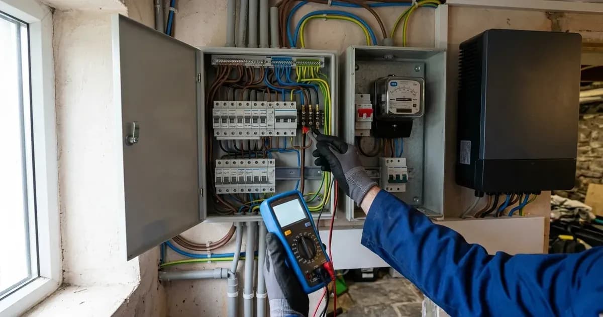 Electrician checking incoming AC grid voltage at a residential electrical distribution board. — SolarNevs spec card
