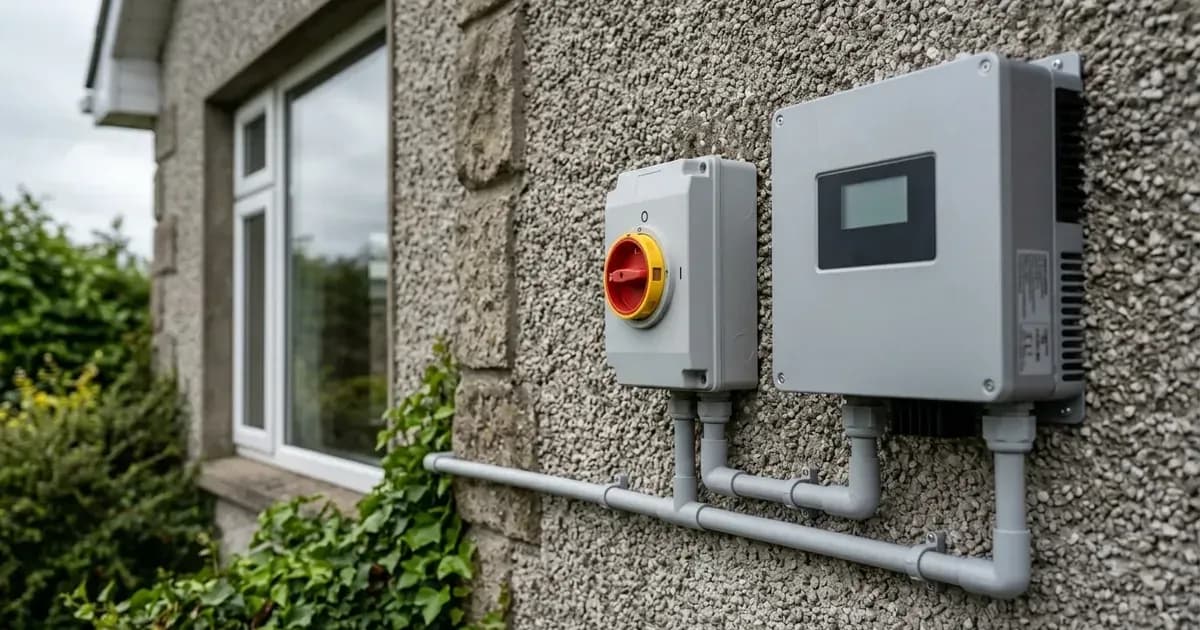 Rotary AC isolator switch and unbranded solar inverter on an exterior pebble-dash wall in Ireland. — SolarNevs spec card