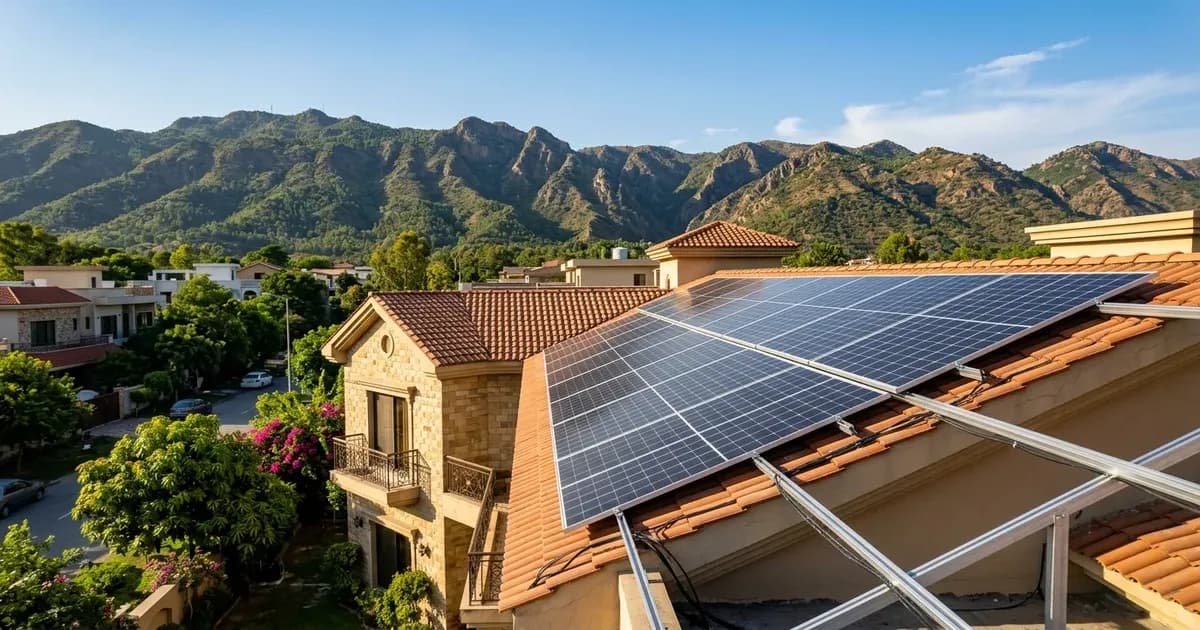 Solar installation on a residential rooftop in Islamabad with Margalla Hills in the background — SolarNevs spec card