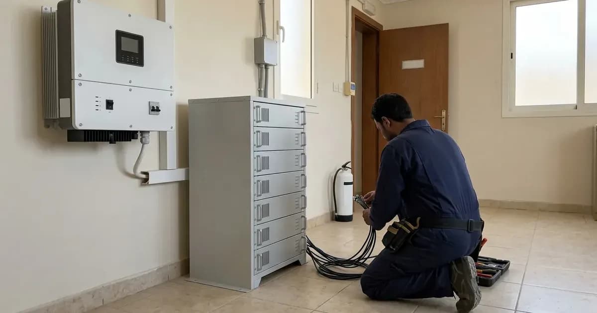 Technician inspecting communication cables between a modular battery stack and hybrid inverter in Riyadh — SolarNevs spec card