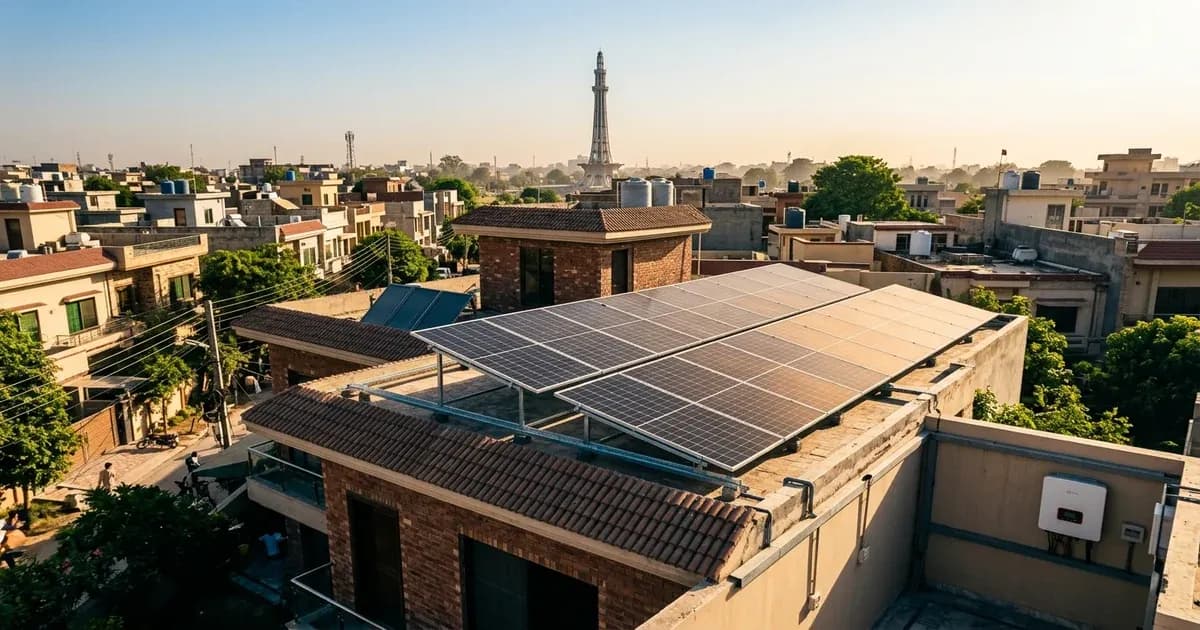 Solar installation on a residential rooftop in Lahore under warm sunlight — SolarNevs spec card