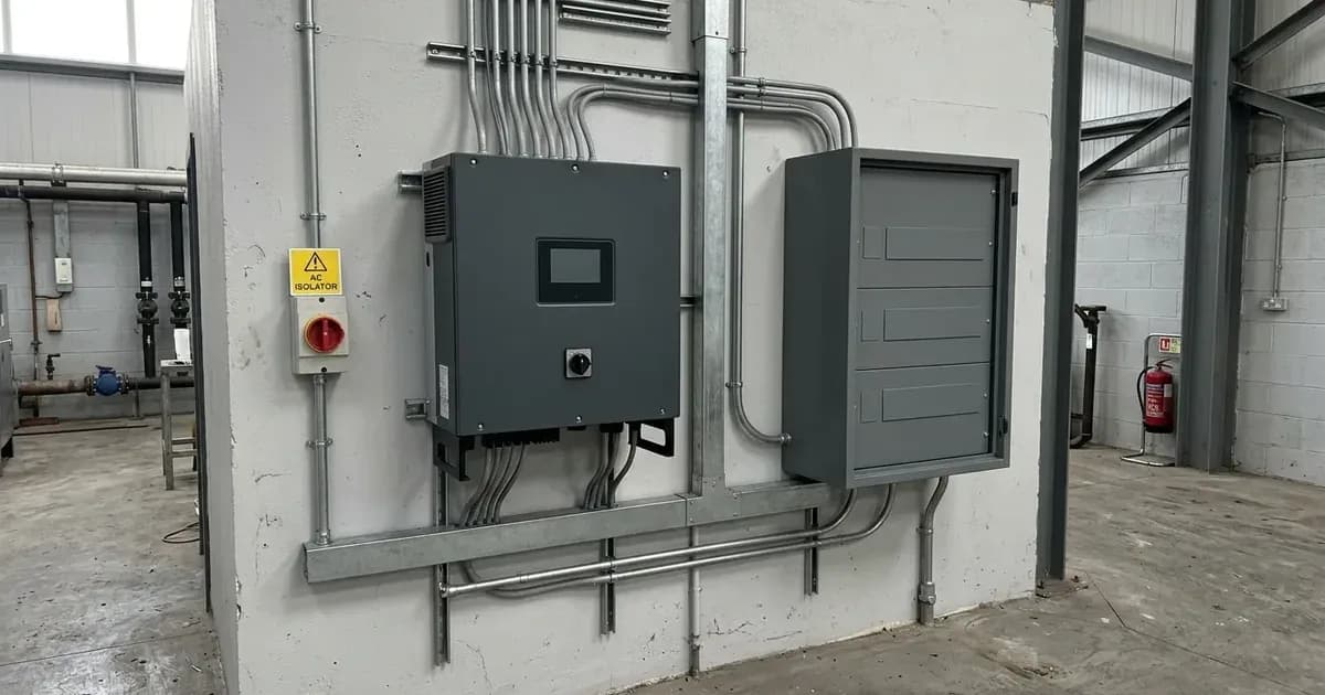 Three-phase commercial solar inverter and electrical switchgear installed in an Irish facility plant room — SolarNevs spec card