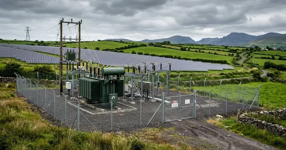High-voltage grid connection substation for a solar farm in the Irish countryside — SolarNevs spec card