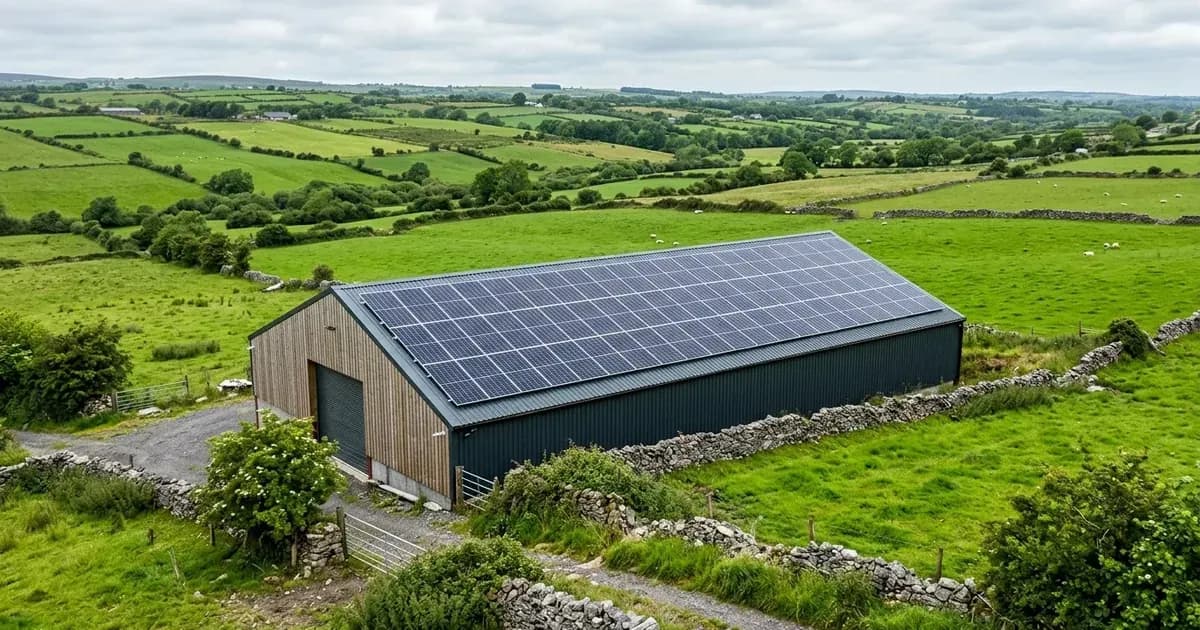 Small-scale commercial solar PV array installed on a rural farm barn in Ireland — SolarNevs spec card