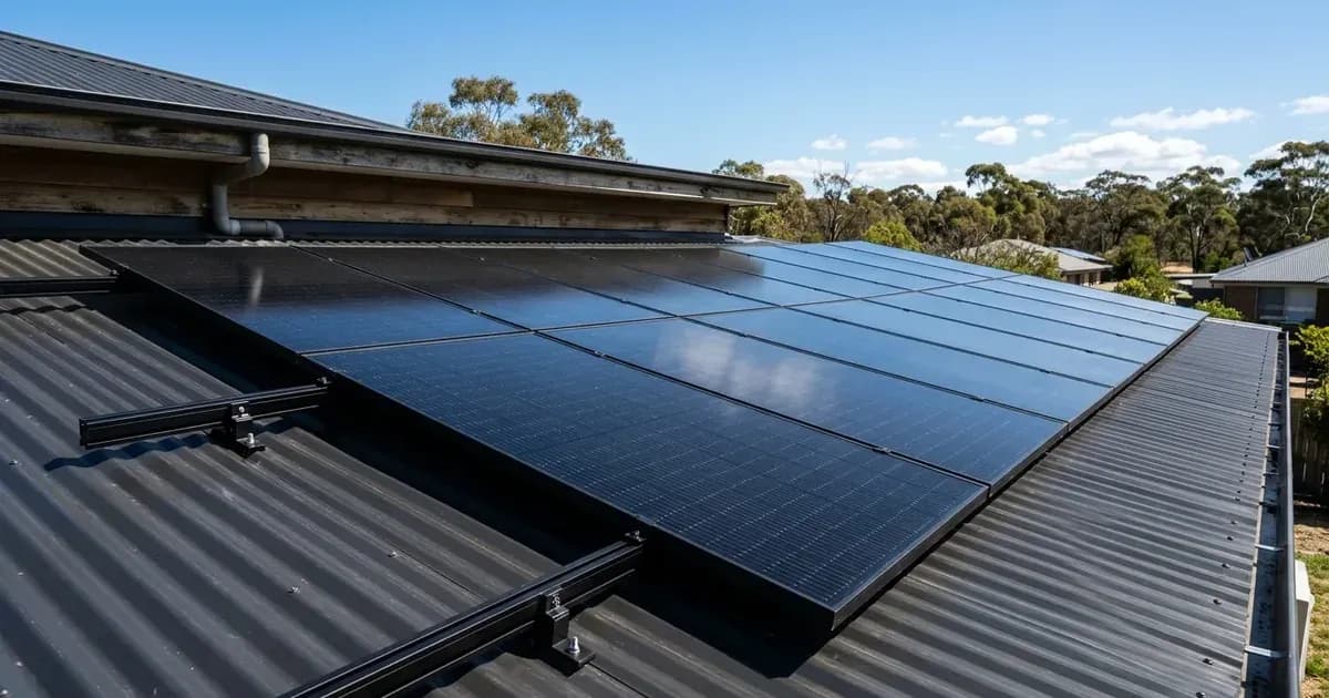 Close-up of monocrystalline solar panels mounted on an Australian metal roof under direct sun — SolarNevs spec card