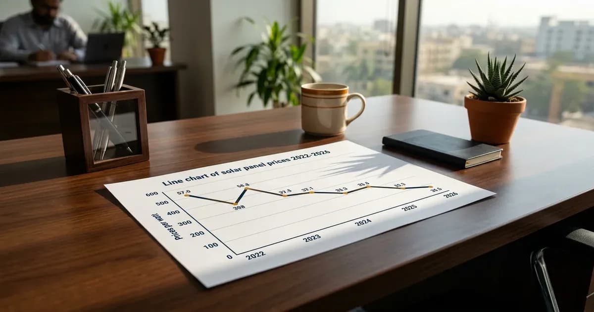 Detailed printed line chart showing solar panel price movements in Pakistan from 2022 to 2026 — SolarNevs spec card