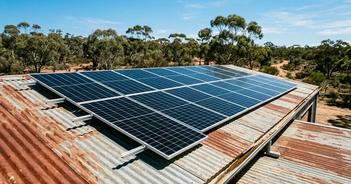 High-efficiency solar panels installed on an Australian corrugated iron roof under bright sun — SolarNevs spec card