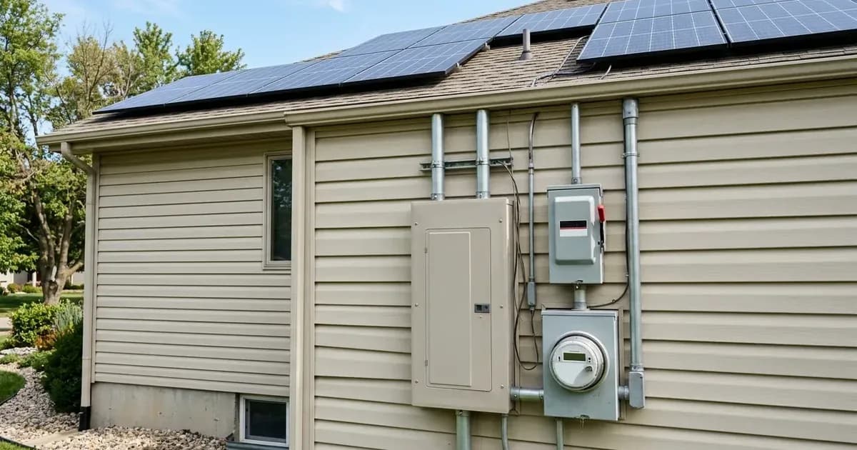 Exterior electrical service panel, disconnect switch, and utility meter below rooftop solar panels on a Kansas home. — SolarNevs spec card