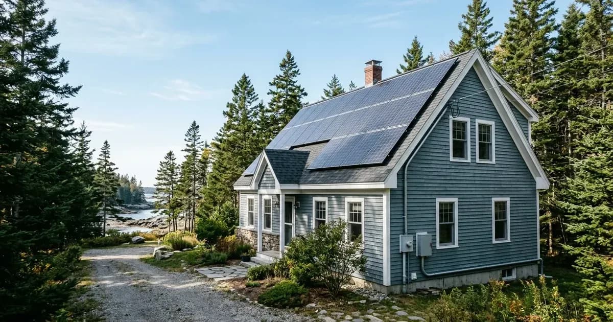 Rooftop solar panels and exterior utility electric meter installed on a coastal Maine home among pine trees. — SolarNevs spec card