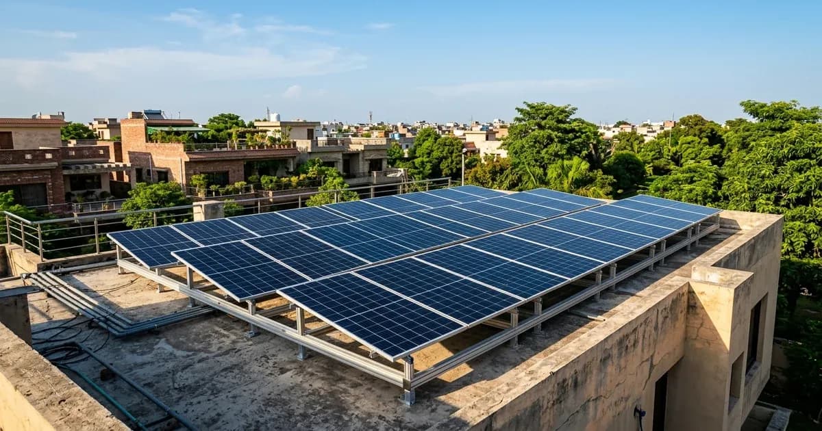 Modern monocrystalline solar panels installed on a residential concrete rooftop in Lahore under a clear blue sky — SolarNevs spec card