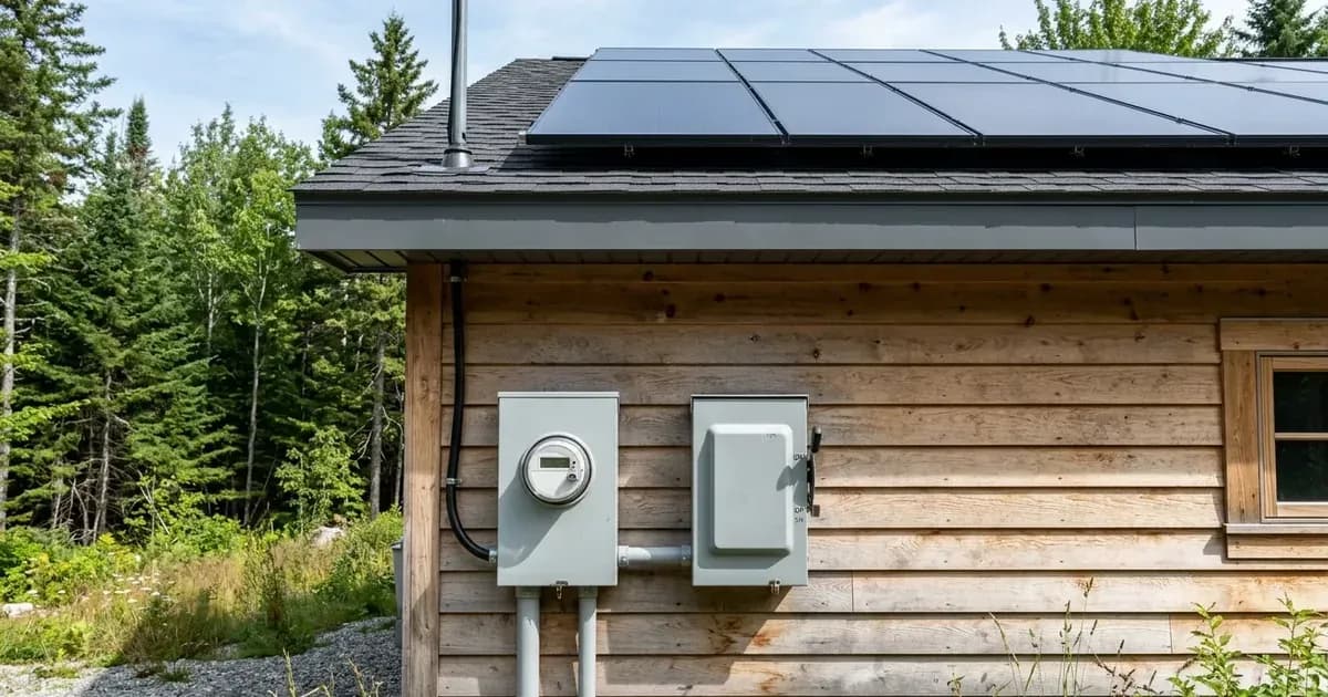 Digital electric net meter and outdoor disconnect switch mounted beneath rooftop solar panels on a Maine home. — SolarNevs spec card