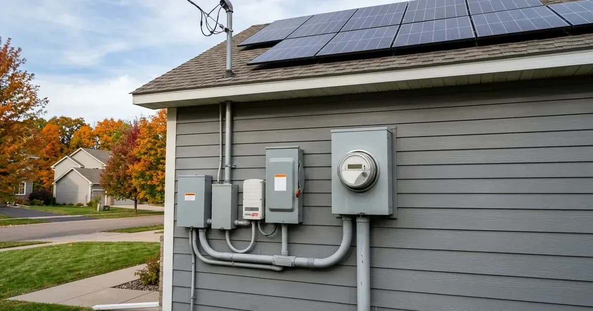 Exterior electrical service disconnect boxes and utility meter under rooftop solar panels on a Minnesota house. — SolarNevs spec card