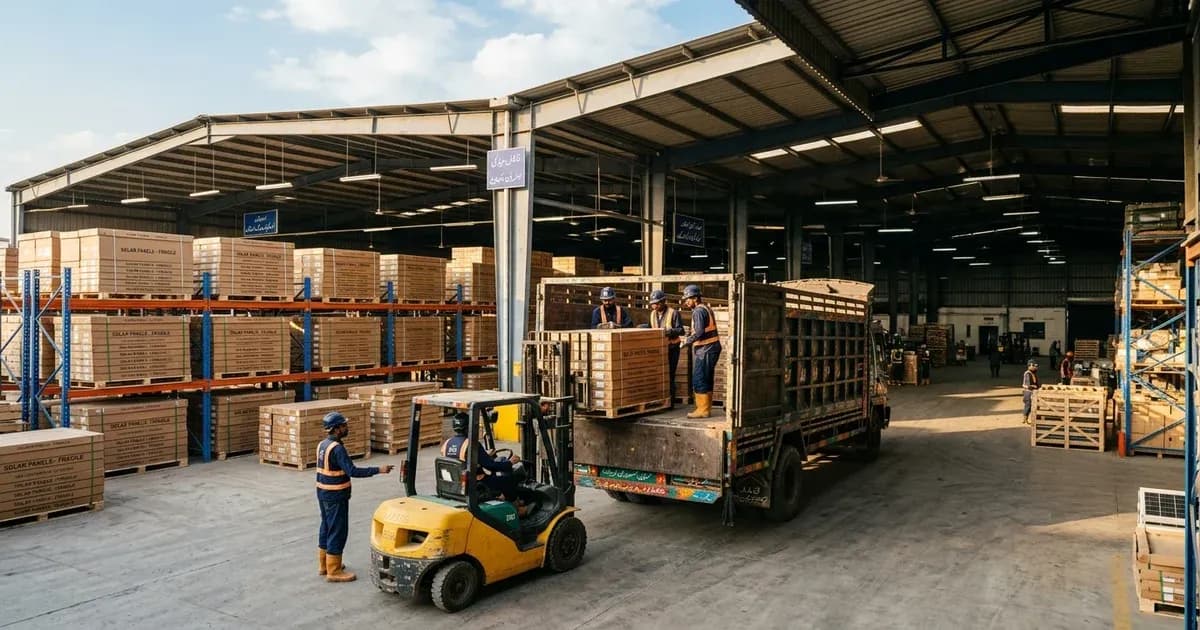 A large solar panel distribution warehouse showing pallets being loaded onto a truck under warm daylight — SolarNevs spec card