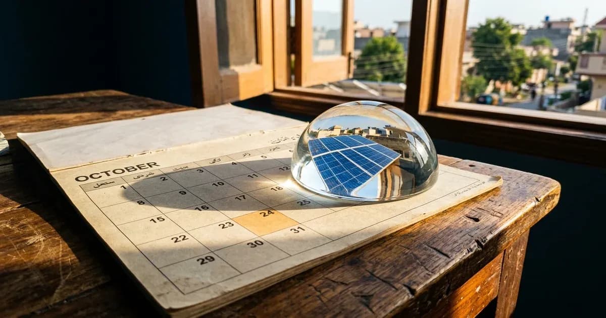 A calendar page on a desk with a glass paperweight reflecting solar panel cells under sunny window light — SolarNevs spec card