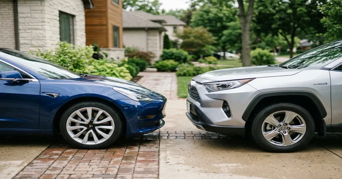 A premium electric SUV and a hybrid crossover parked side-by-side in Pakistan — SolarNevs spec card