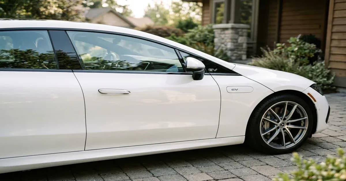 A white premium electric sedan parked in a driveway in Pakistan — SolarNevs spec card