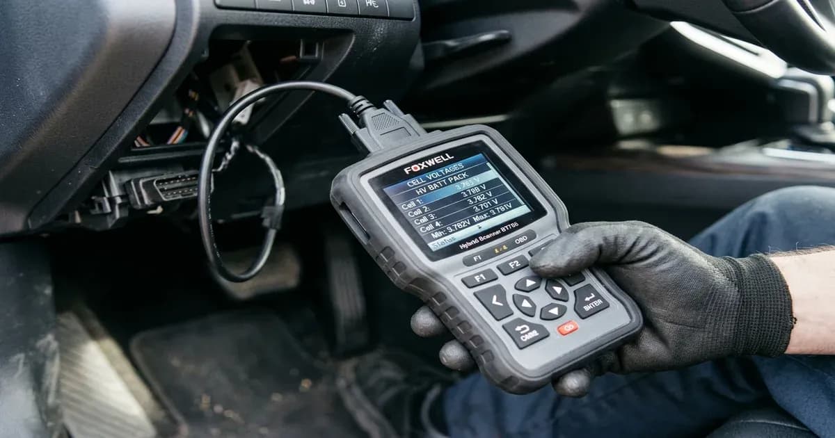 A handheld OBD-II diagnostic scanner measuring electric car battery state of health in Pakistan — SolarNevs spec card