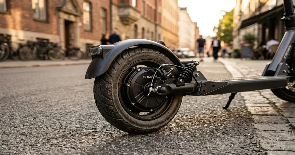 Crown electric scooter parked on a city street in Pakistan — SolarNevs spec card