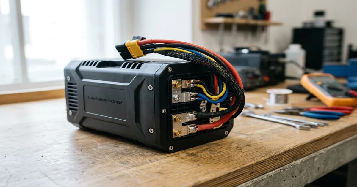 Lithium-ion battery pack for an electric scooter on a workshop table — SolarNevs spec card