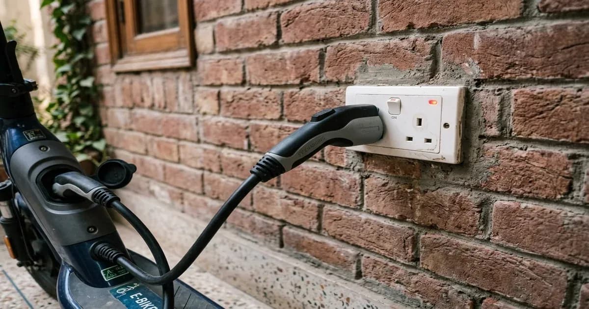 Electric scooter charging plug connected to a home wall outlet in Pakistan — SolarNevs spec card