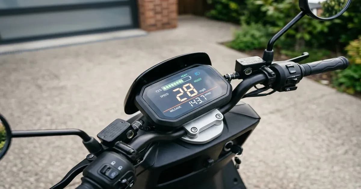 Modern electric scooter digital display showing range and speed — SolarNevs spec card
