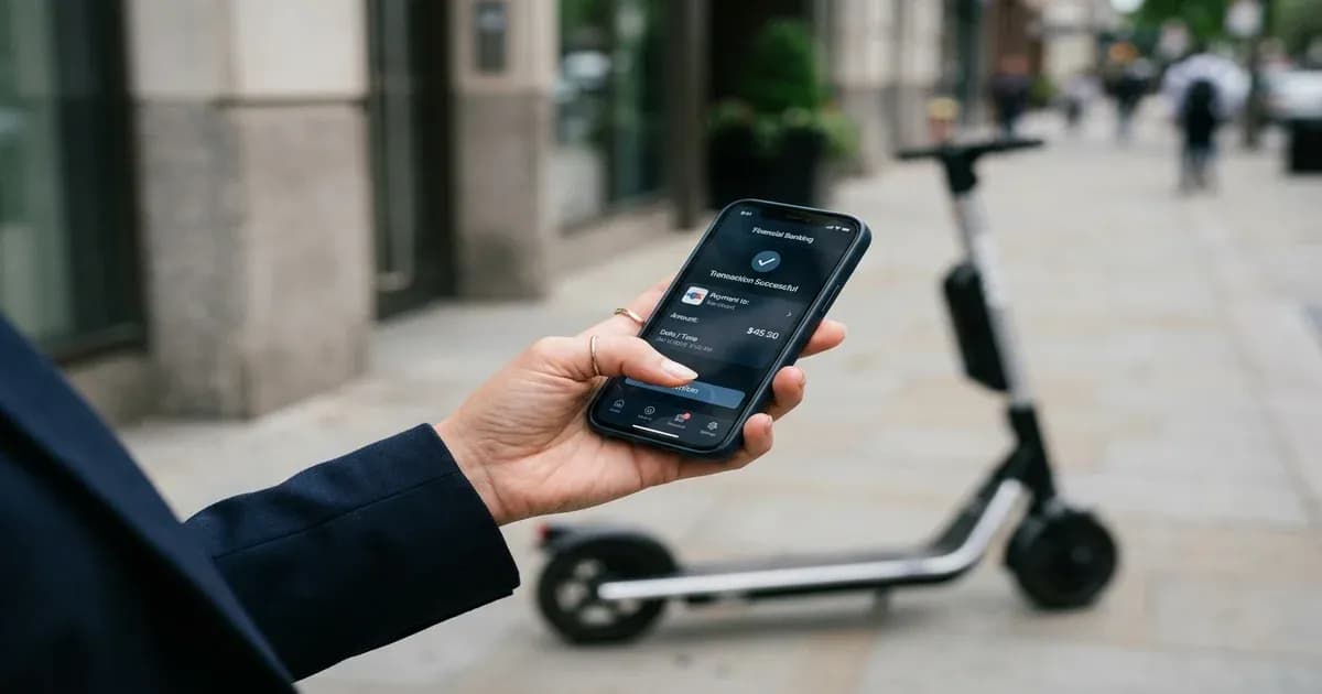 Smartphone showing banking screen with electric scooter blurred in the background — SolarNevs spec card