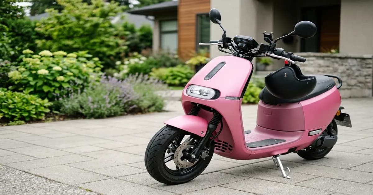 Pink electric scooter parked in a driveway in Pakistan — SolarNevs spec card