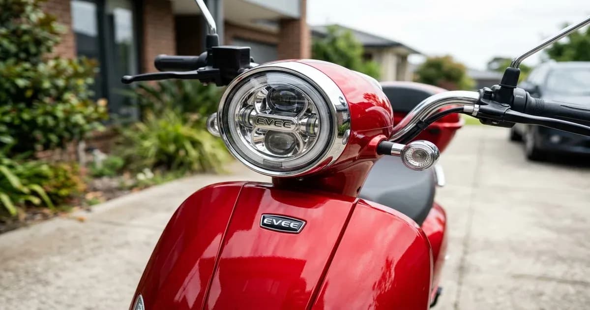 Evee retro electric scooter parked in a driveway in Pakistan — SolarNevs spec card