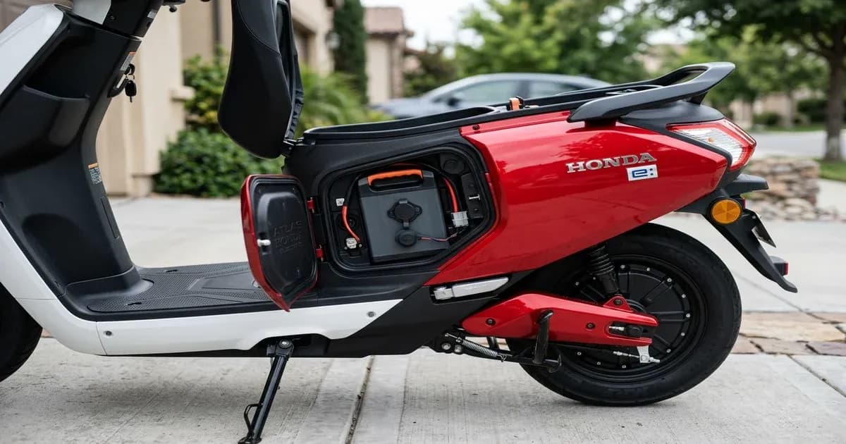 Atlas Honda electric scooter showing side profile parked in a driveway in Pakistan — SolarNevs spec card