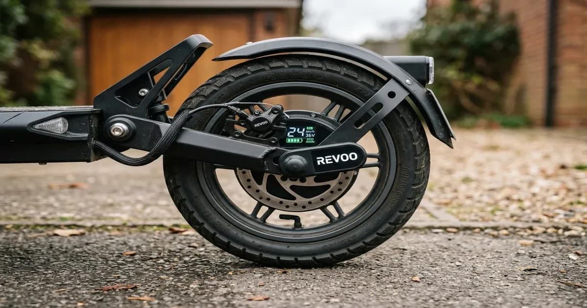 Revoo electric scooter rear wheel and hub motor parked in a driveway in Pakistan — SolarNevs spec card