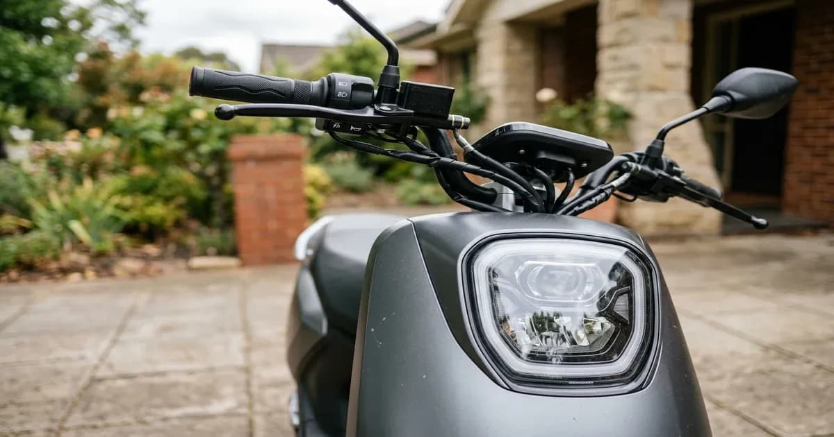 Yadea electric scooter front details parked in a driveway in Pakistan — SolarNevs spec card