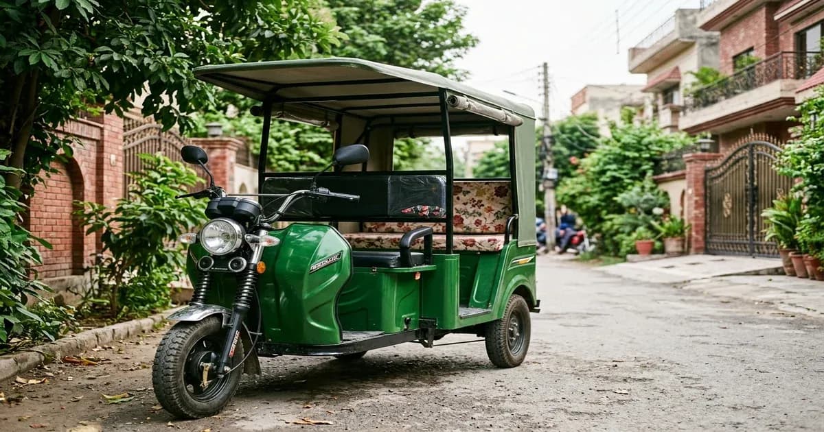 Modern green electric rickshaw three-wheeler parked on a street in Lahore — SolarNevs spec card