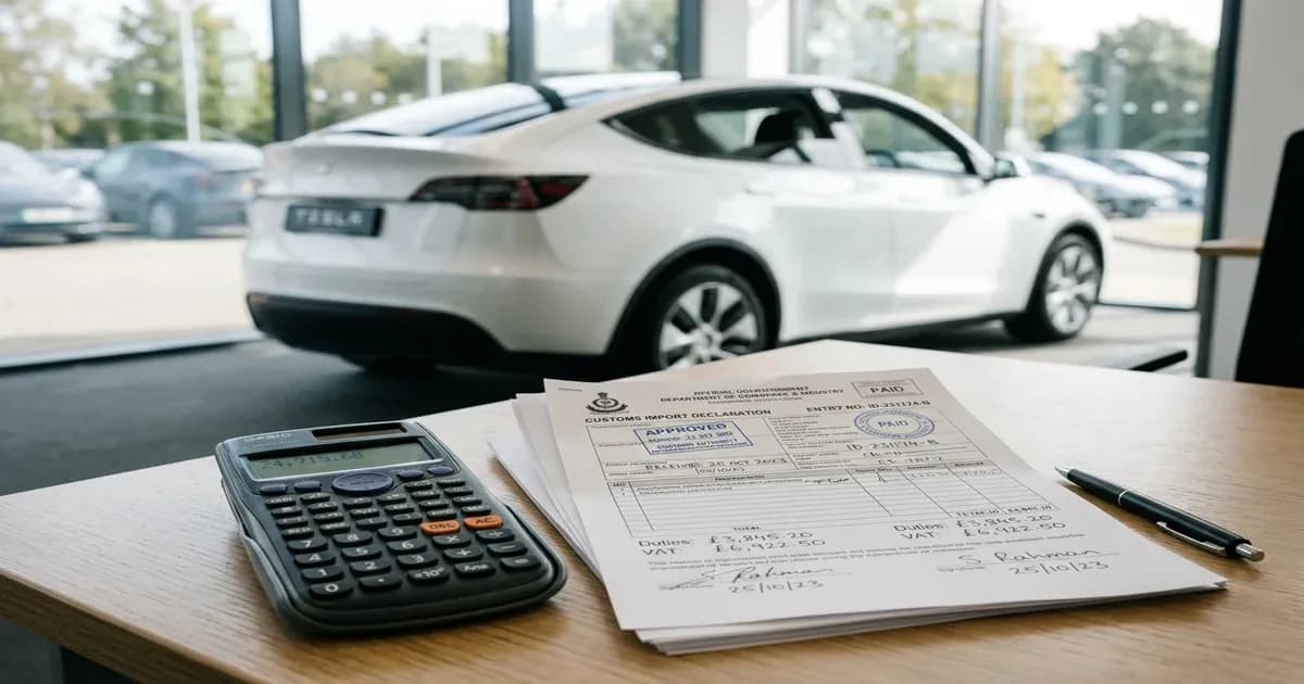 Calculator and import documents on a desk with a premium electric car blurred in the background — SolarNevs spec card